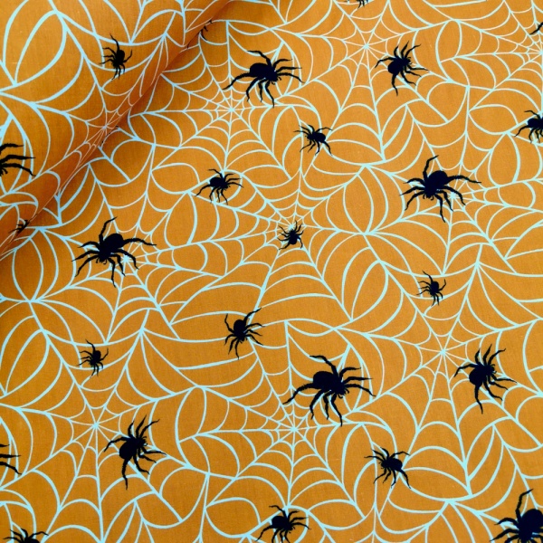 Halloween Polycotton- SPIDERS AND WEBS ON ORANGE